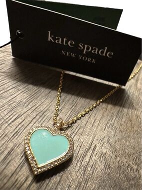New Kate Spade Light Blue Take Heart Pendant Necklace in gold with Tag